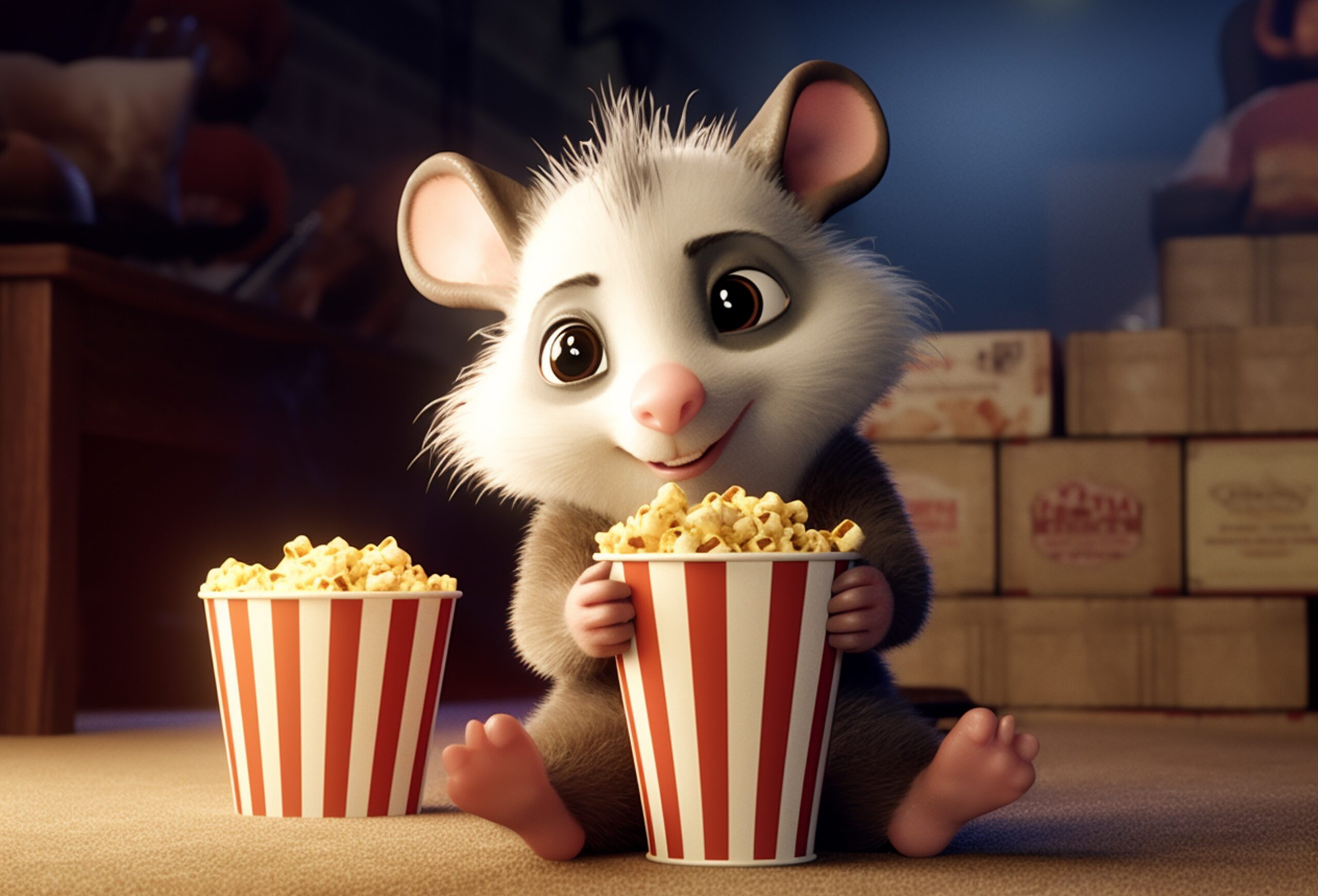 animowana mysz jedząca popcorn