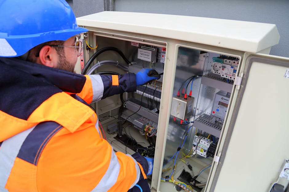 Fachowiec sprawdza stan instalacji elektrycznej w skrzynce.